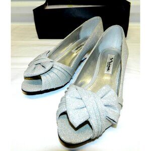 Nina Silver Glitter Peep-Toe Wedge Shoes Size 7M Metallic Gray